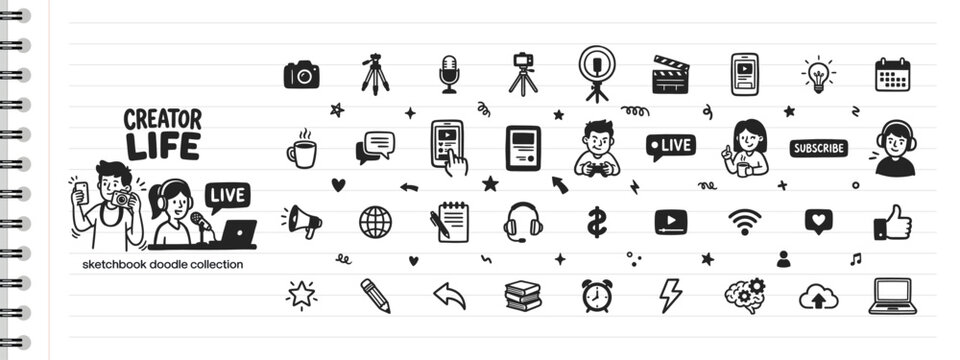 A large collection of hand-drawn black ink doodles featuring influencers, cameras, microphones, and social media symbols on a white lined spiral notebook page.