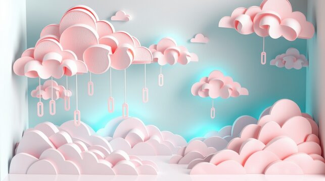 Paper clouds, binary code falling. Soft pink hues dominate serene blue backdrop. Dreamlike, whimsical scene evokes digital rain.