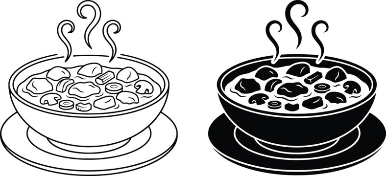 Steaming Bowl Stew Meat Vegetables Outline Solid Silhouette Vector