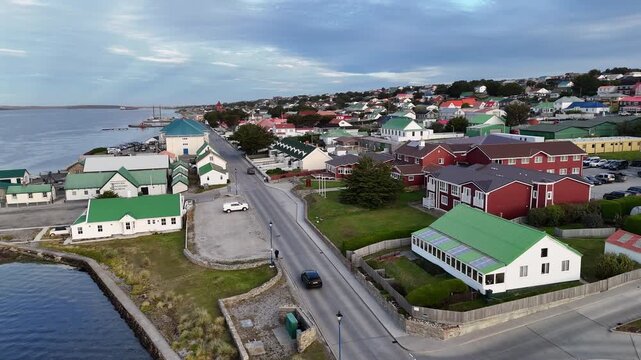 Drone view of the small coastal village of Stanley in the Falkland Islands