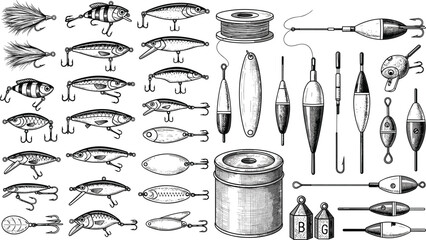 Vintage Fishing Tackle Set with Lures, Floats, Hooks, Sinkers, and Line Spool Detailed Engraving Style Vector Illustration for Angling Equipment Design © MdSumon