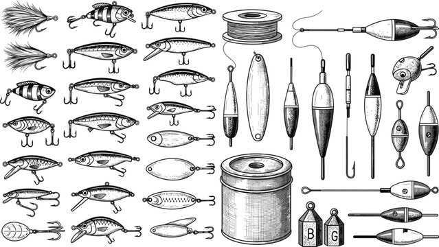 Vintage Fishing Tackle Set with Lures, Floats, Hooks, Sinkers, and Line Spool Detailed Engraving Style Vector Illustration for Angling Equipment Design