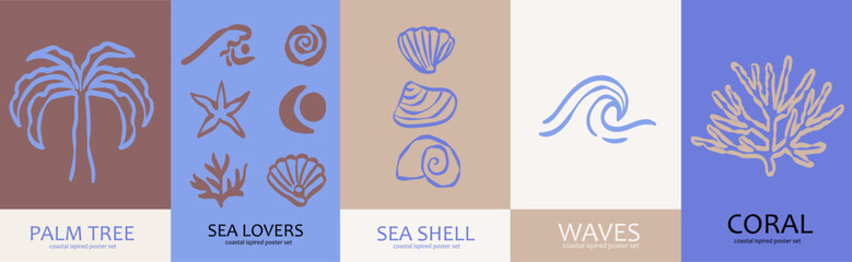 Coastal summer aesthetic poster, placard or banner. Sea or beach greeting card set with palm tree, seashells, waves and coral simple line drawings design. Summertime sea theme wall art backgrounds. © KPstudio