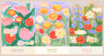 Abstract summer field, garden or wild flowers set. Summer botanical wall art, banner, poster or placard with pastel colored wax crayons drawings. Watercolor flower aesthetic for greeting wedding card. © KPstudio