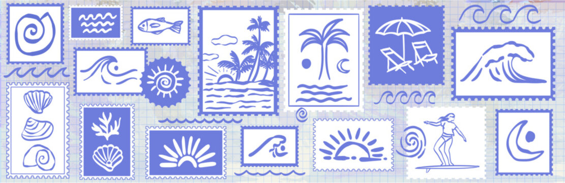 Hand drawn beach summertime design postal stamp elements. Italian naive coastal vector illustrations. Palm tree, wave, seashell, woman surfer and sun summer badge sticker. Scrapbook, journal prints.