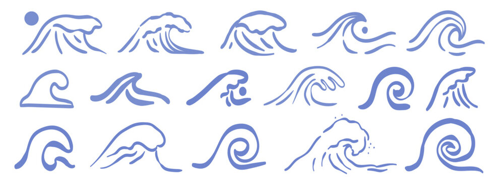 Coastal summer waves set for poster, placard or banner decoration. Sea or beach waves simple line drawing icons design. Summertime abstract simple sea theme sticker, badge, symbol, logo collection.