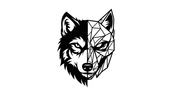 Geometric wolf head illustration black and white design on white background