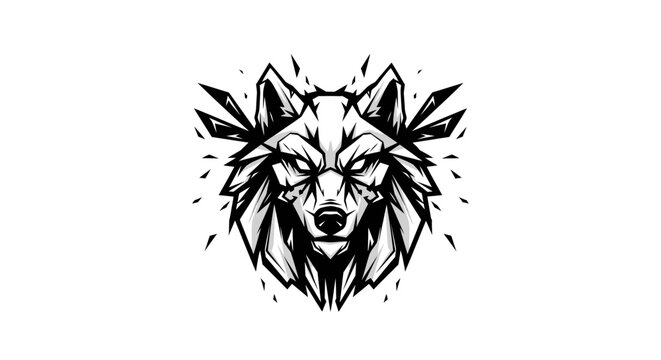 Geometric wolf head illustration in black and white on isolated white background
