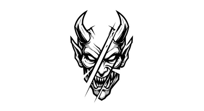 Graphic illustration of a demon head with horns and sharp teeth against white