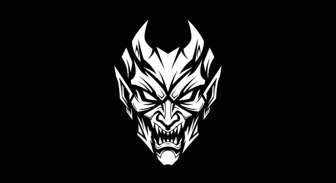 Intense demon face graphic design with sharp horns and fangs on black background