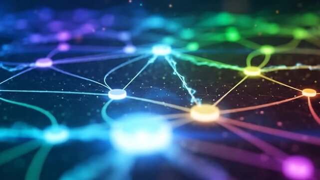 Abstract digital network connections and data transfer visualization.