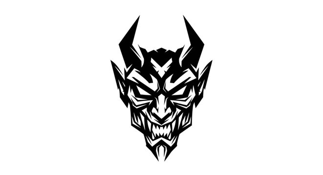 Intense devil face illustration in black and white against a clean background