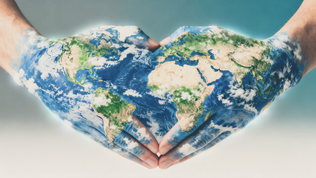 Hands holding the earth in a heart shape with a blue background