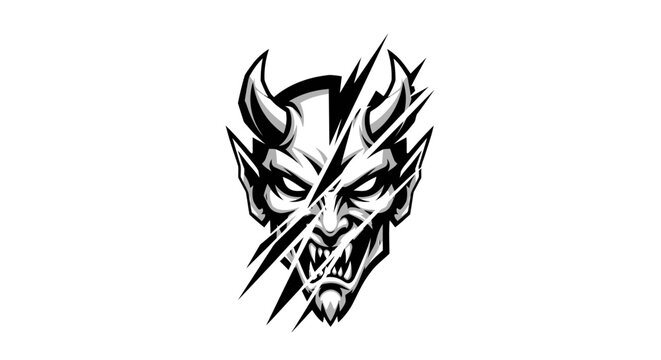Intense devil face illustration with sharp claws isolated on white background