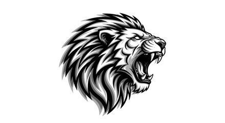 Obraz premium Roaring lion head illustration in black and white against white background