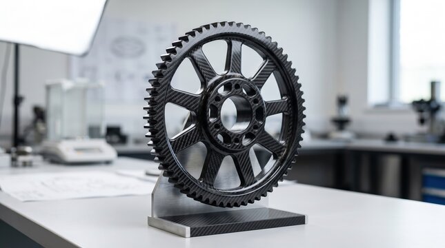 Medium shot of a carbon ring composite gear prototype emphasizing its sleek carbon fiber texture and lightweight design for highperformance mechanical applications.