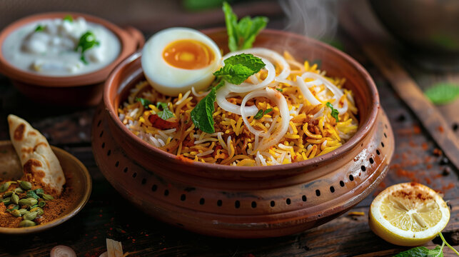 Delicious Hyderabadi egg biryani served in a traditional clay pot, aromatic basmati rice with spices, herbs and boiled egg, professional food photography of indian cuisine