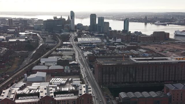 Cityscape And Highways Near Waterfront Everton Stadium Promenade In Liverpool, United Kingdom. Aerial Shot
