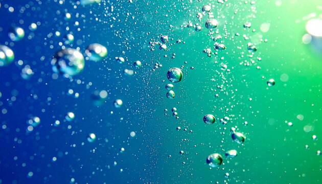 爽快感溢れるブルーとエメラルドグリーンの炭酸水グラデーション 弾けるバブルと光の屈折