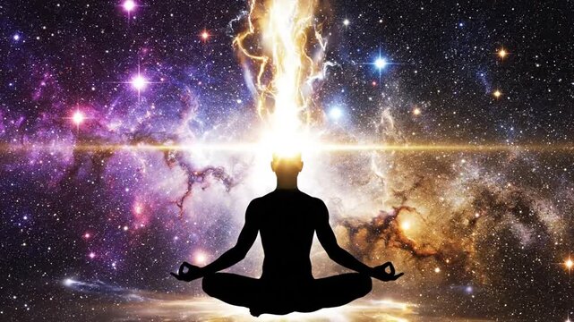 Man meditates in space with energy.