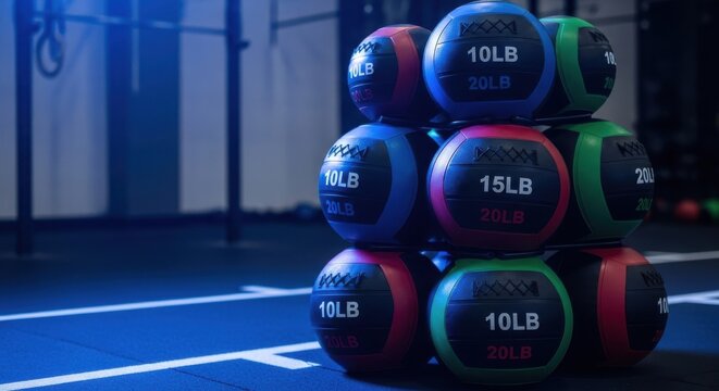 Stack of Gym Medicine Balls in Various Weights and Colors for Strength Training and Fitness Workouts