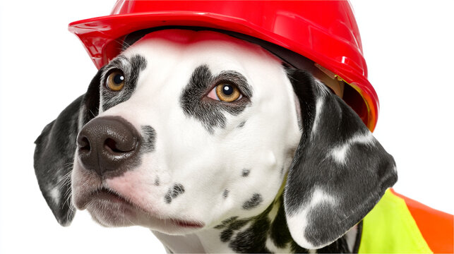 Dalmatian dog wearing red hard hat and safety vest with construction worker, yellow vest