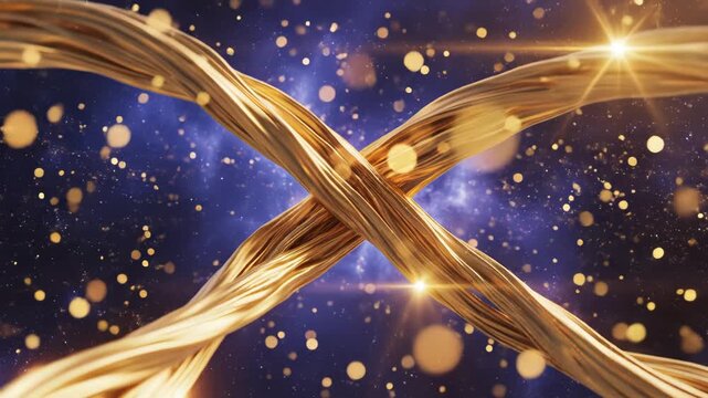 Golden intertwined ribbons in space symbolizing conceptual art and dynamic energy