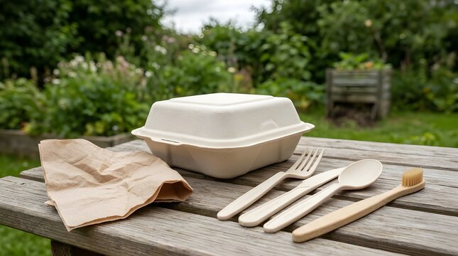Eco Friendly Biodegradable Disposable Cutlery Set and Food Container Made from Sustainable Plant Fiber and Bamboo for Picnic and Outdoor Dining