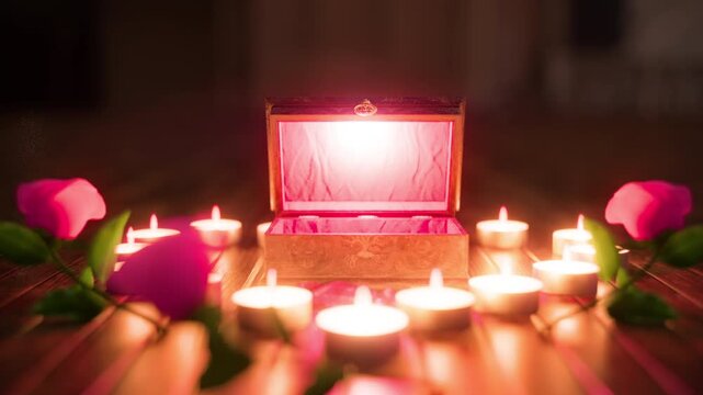 Candles in a heart formation, roses and a box. Great for valentines, christmas and other romantic purposes.