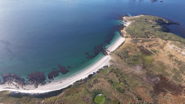 Drone footage of Carcass Island showcasing remote island coastline and expansive ocean views