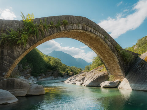 A scenic photograph of a historic stone arch bridge spanning across a turquoise-bl ue rive .