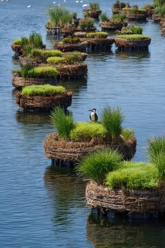 Floating wetland islands rafted with papyrus purifying sewage lagoon on Earth Day, kingfishers nesting in reeds, treatment plant pipes feeding system, constructed nature filtration