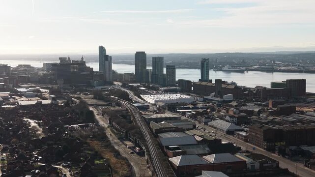 Aerial view of Hill Dickinson Stadium and cityscape in clear daylight