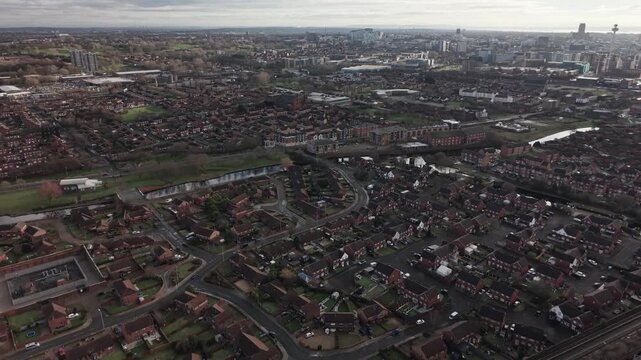 Aerial view of Hill Dickinson Stadium area, cityscape on cloudy day