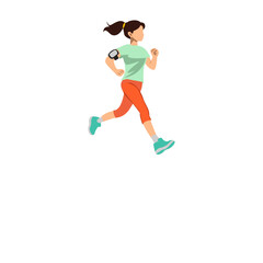 Obraz premium A flat vector illustration of a woman running with a fitness tracker on her arm, symbolizing technology and modern exercise.