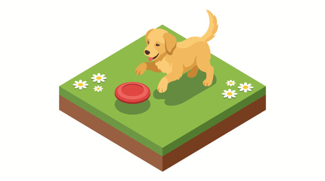 This cheerful golden retriever happily plays with a red frisbee on green grass, surrounded by white daisies, capturing a joyful moment in the outdoors.