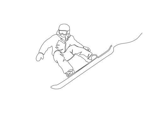 Snowboarding continuous line. Continuous one line drawing of snowboarding. Extreme sport concept. Single line drawing