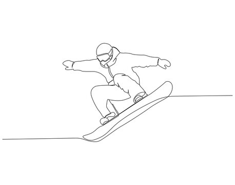 Snowboarding continuous line. Continuous one line drawing of snowboarding. Extreme sport concept. Single line drawing