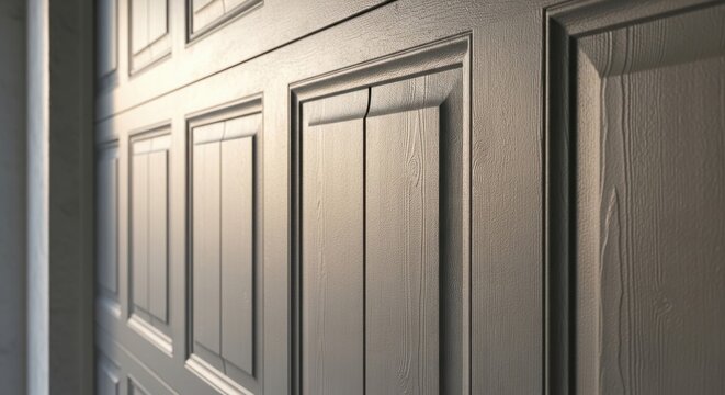 Close-up view of a light grey faux wood grain garage door panel showcasing textured details and modern design elements.