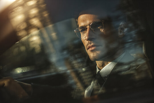 Young European businessman wearing thin gold - rimmed glasses and striped shirt, pensive with stubble behind sunlit windshield and blurred city reflections