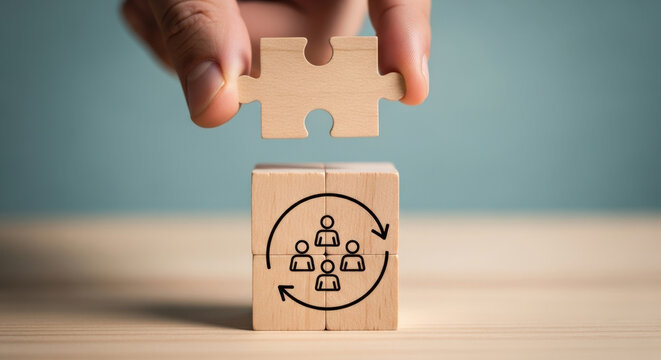 Employee Turnover Rate Management Concept Wooden Block Displaying Puzzle Piece and Recurring Personnel Rotation Organizational Restructuring Cycle