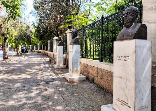 ATHENS, GREECE - APRIL 22ND 2026: Photo of the trio of bronze busts honoring the three great tragedians of Ancient Greece: Euripides, Sophocles and Aeschylus. 