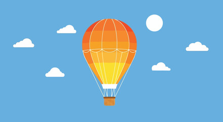 Fototapeta premium A hot air balloon flies high in clear blue sky with clouds and moon.