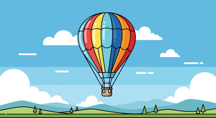 Obraz premium Vibrant hot air balloon soars through clear blue sky with fluffy clouds