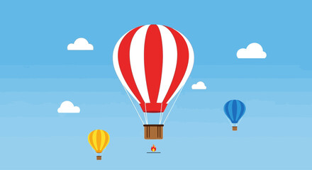 Fototapeta premium Vibrant hot air balloons float gently in the clear blue sky with fluffy clouds