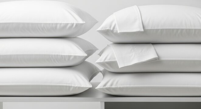 Neatly stacked crisp white folded pillowcases arranged in a modern bedroom setting, showcasing comfort and cleanliness.