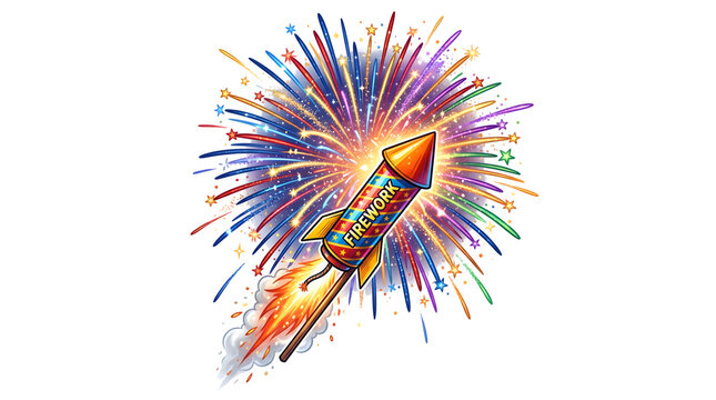 A colorful cartoon firework rocket exploding in a vibrant display of red, blue, purple, and orange lights on a black background for the 4th of July.