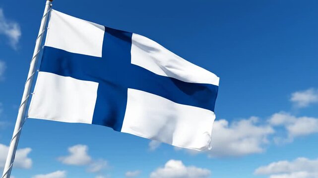 Finland flag waving in blue sky.