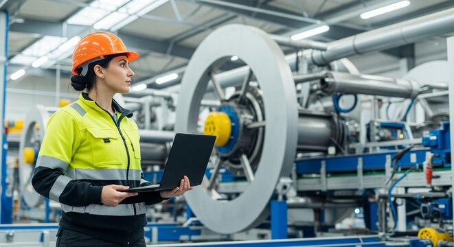 Female Engineer in Orange Hard Hat and High Visibility Vest Using Laptop in Modern Industrial