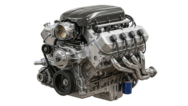 Automotive engine detailed v8 motor with carbon fiber components on transparent background